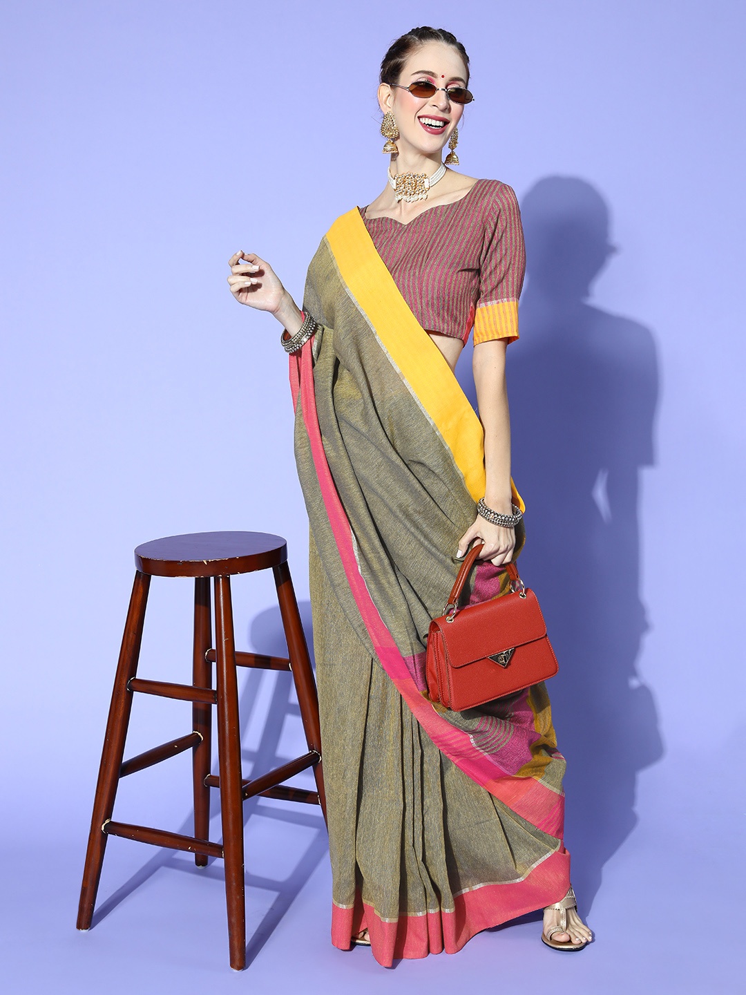 

Saree mall Olive Green Solid Pure Linen Sarees