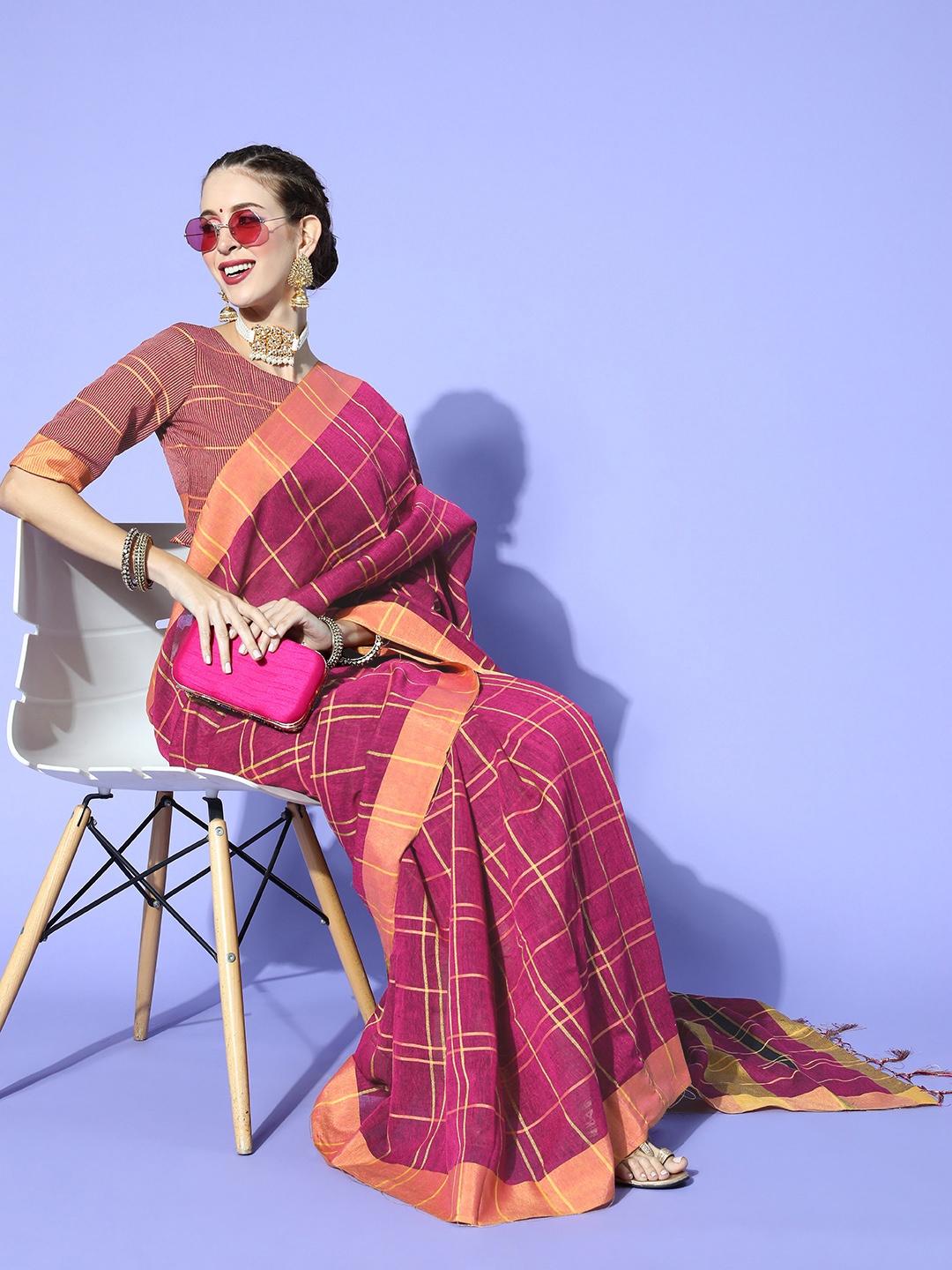 

Saree mall Magenta & Golden Checked Pure Linen Saree