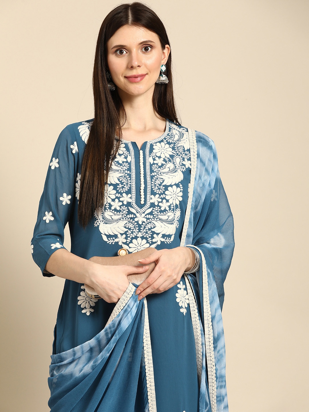 

Anouk Women Blue Ethnic Motifs Embroidered Thread Work Kurta with Palazzos & With Dupatta