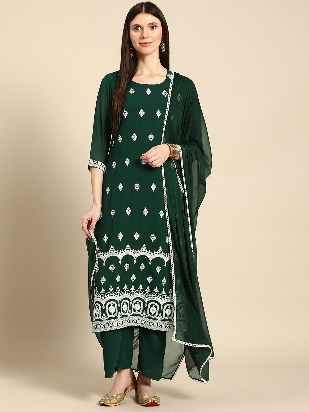 

Anouk Women Green Ethnic Motifs Embroidered Kurta with Palazzos & With Dupatta