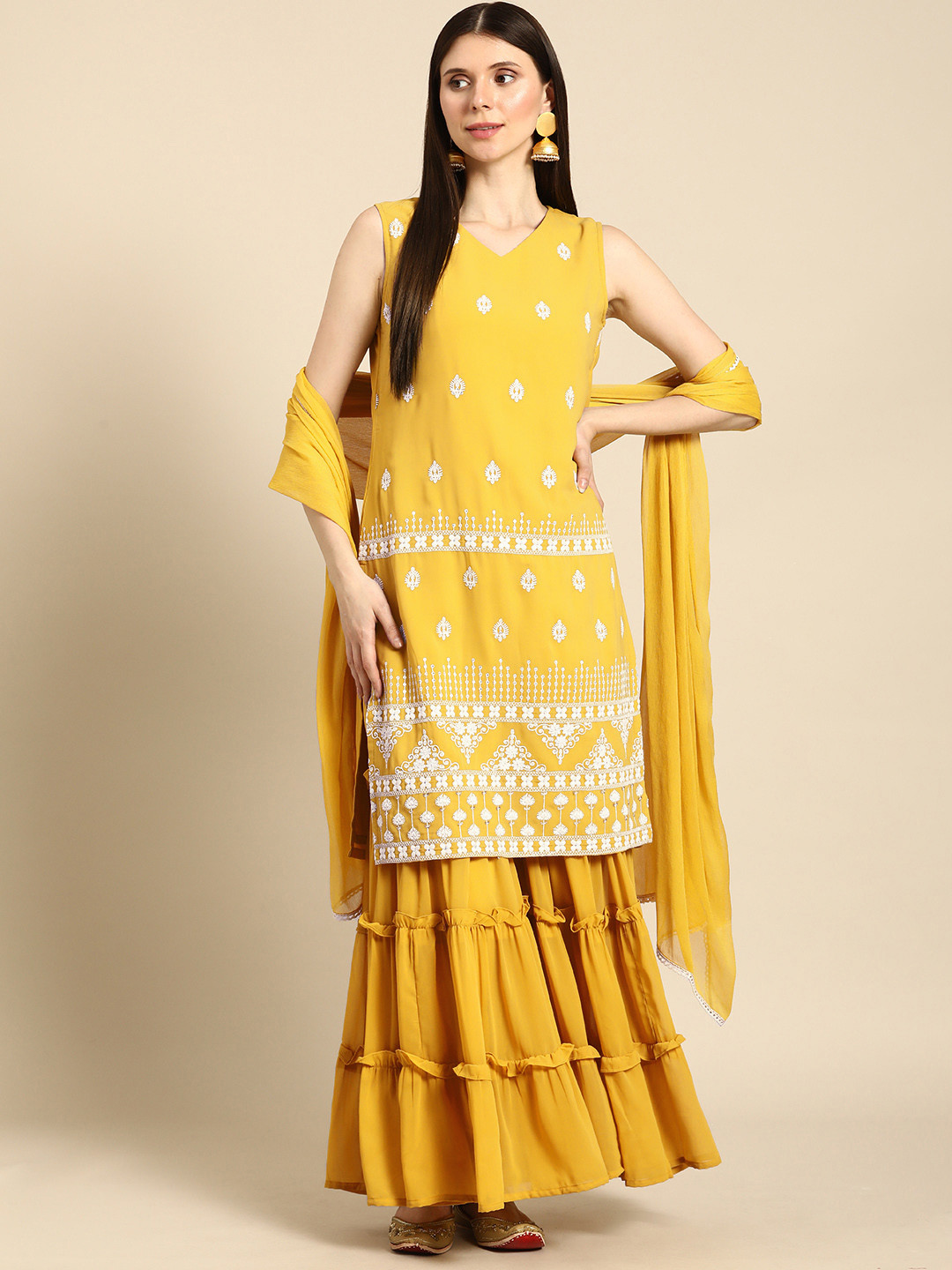 

Anouk Women Mustard Yellow Ethnic Motifs Embroidered Kurta with Sharara & With Dupatta