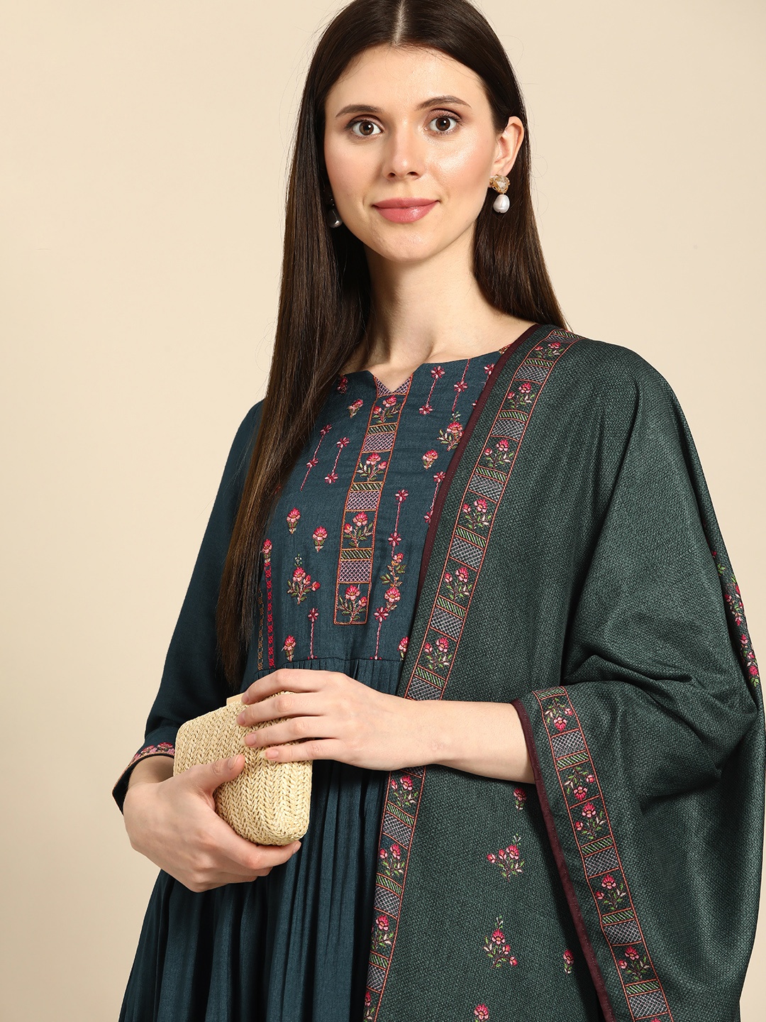 

Anouk Women Teal Ethnic Motifs Embroidered Pure Cotton Kurta with Palazzos & With Dupatta