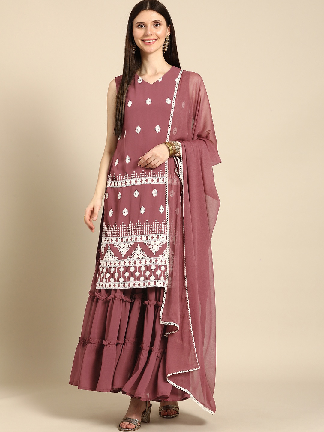 

Anouk Women Mauve Ethnic Motifs Embroidered Kurta with Sharara & With Dupatta