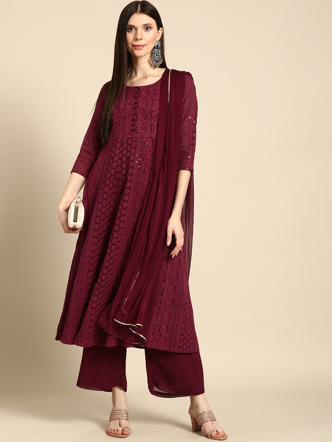 

Anouk Women Maroon Ethnic Motifs Embroidered Chikankari Kurta with Palazzos & With Dupatta