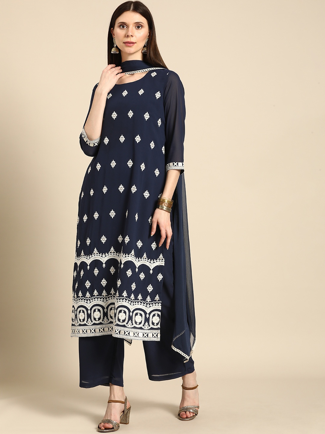 

Anouk Women Navy Blue Ethnic Motifs Embroidered Kurta with Palazzos & With Dupatta