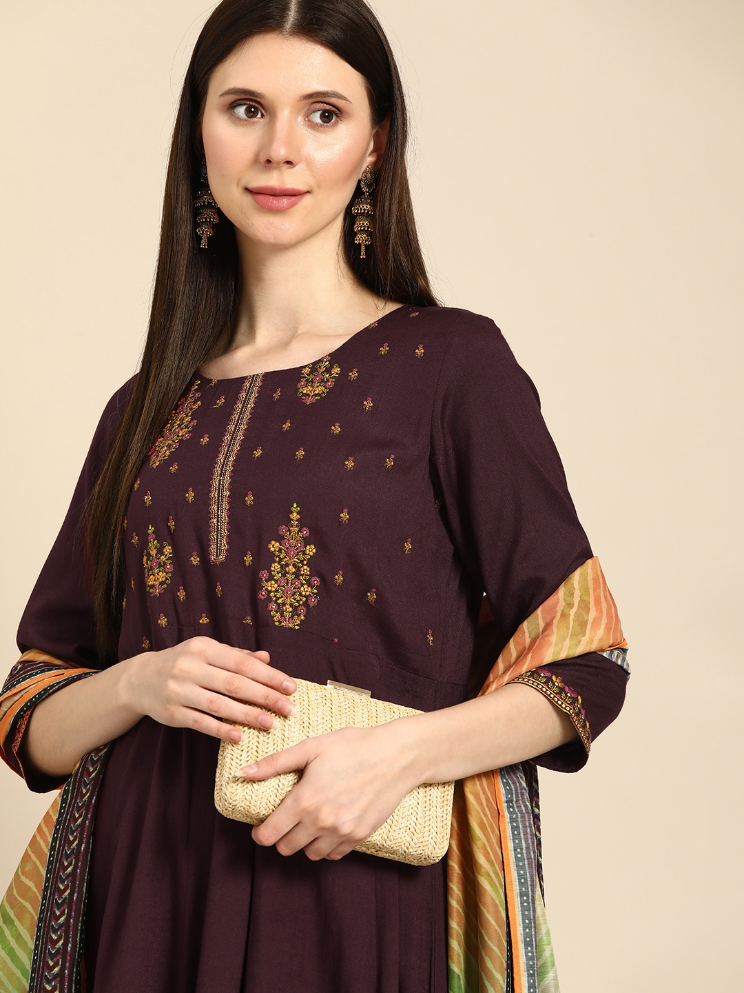 

Anouk Women Burgundy Ethnic Motifs Embroidered Thread Work Pure Cotton Kurta with Palazzos & With Dupatta