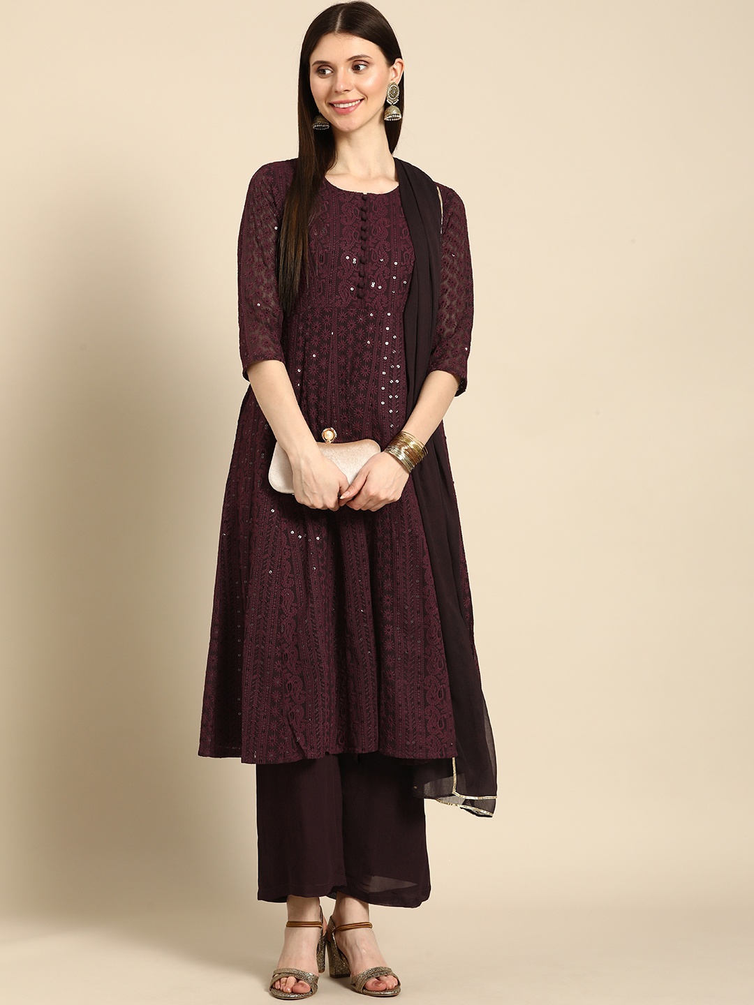

Anouk Women Burgundy Ethnic Motifs Embroidered Kurta with Palazzos & With Dupatta