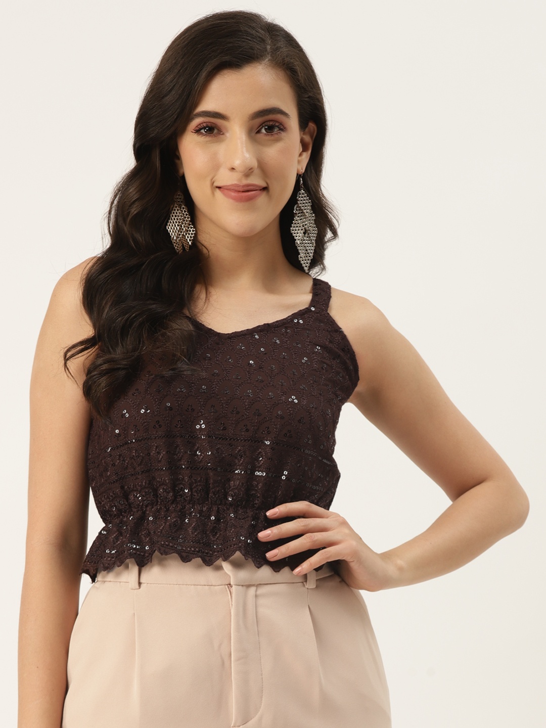 

BRINNS Brown Embellished Crop Top