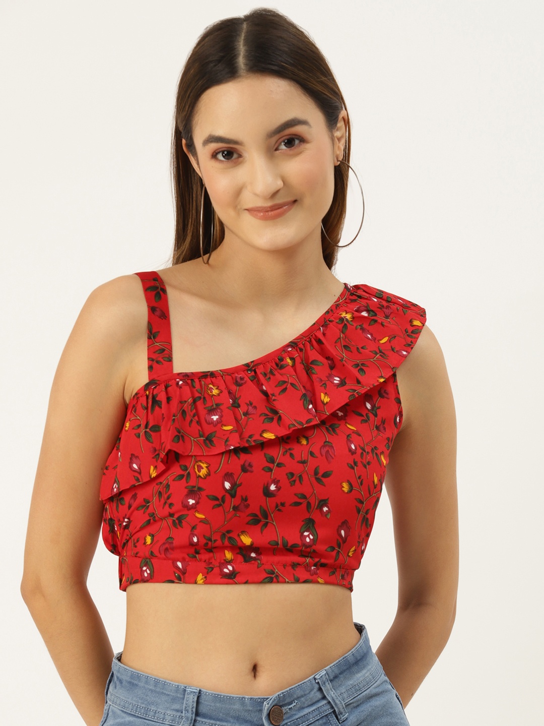 

BRINNS Red & Yellow Print One Shoulder Ruffles Crepe Crop Top