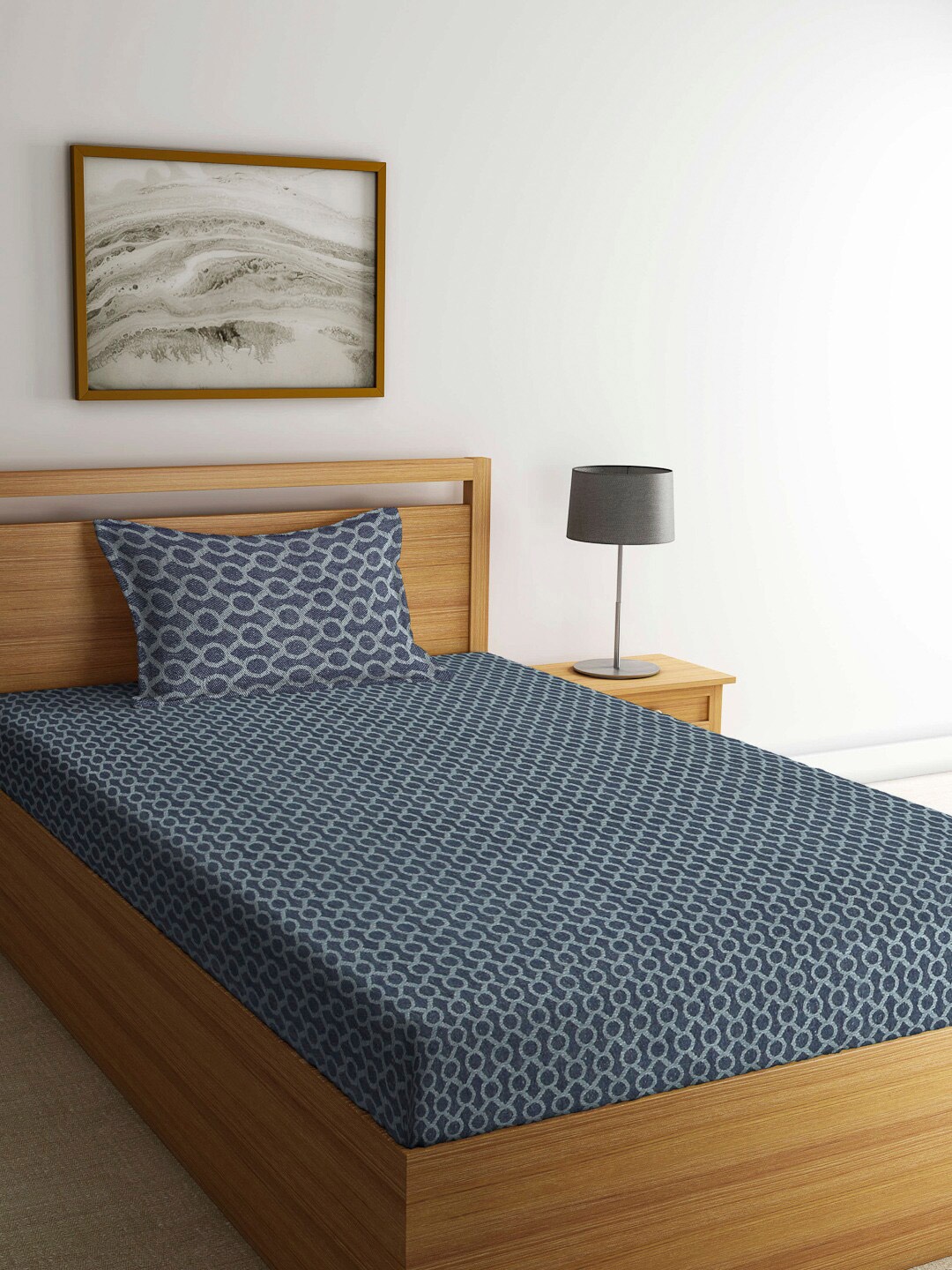 

Arrabi Grey Geometric 300 TC Handwoven Cotton Single Bedsheet with 1 Pillow Cover