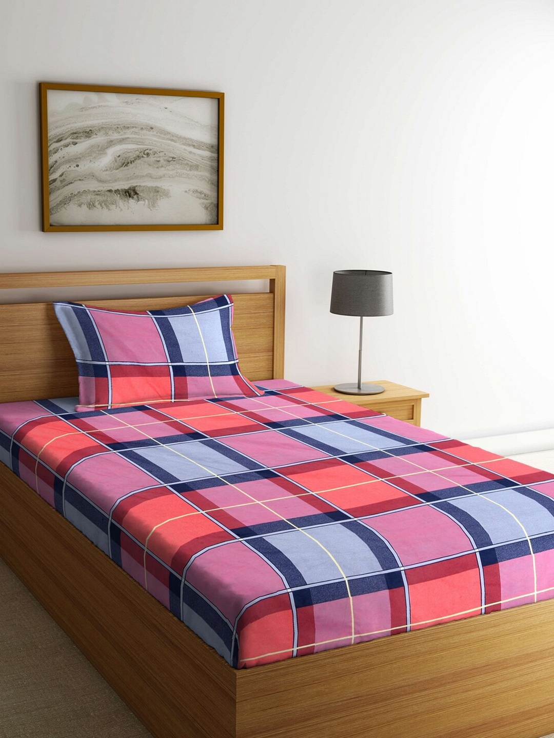 

Arrabi Blue & Peach Geometric Printed 300 TC Single Bedsheet With 1 Pillow Cover