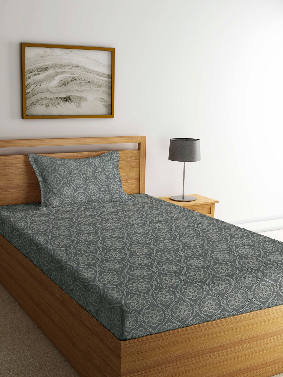 

Arrabi Green & Grey Floral 300 TC Cotton Single Bedsheet with 1 Pillow Covers