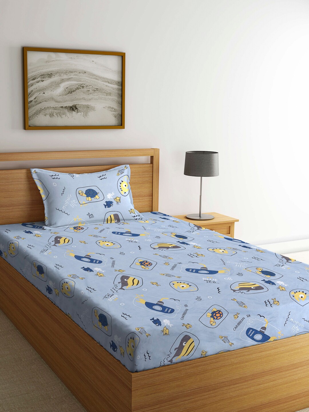 

Arrabi Grey & Blue Cartoon Characters 300 TC Single Bedsheet with 1 Pillow Covers