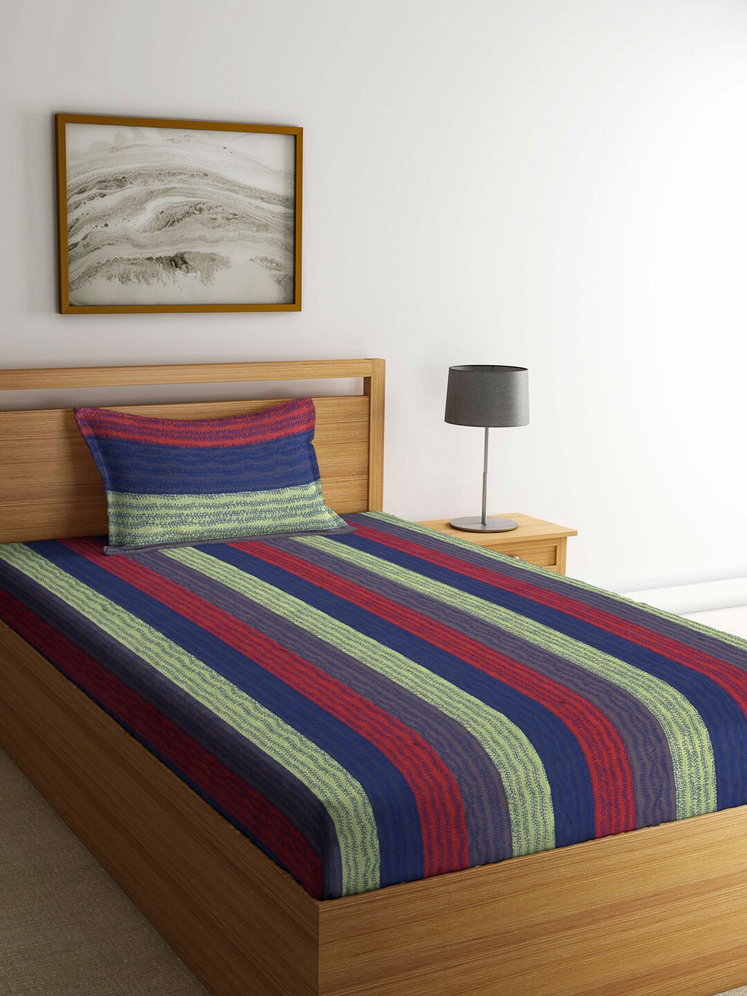 

Arrabi Green & Navy Blue Striped 300 TC Single Bedsheet With 1 Pillow Cover