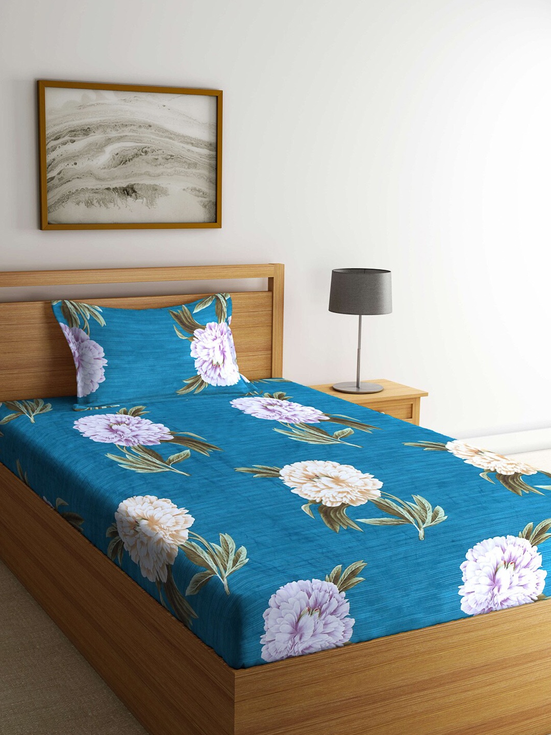 

Arrabi Blue & Off White Floral 300 TC Single Bedsheet with 1 Pillow Covers