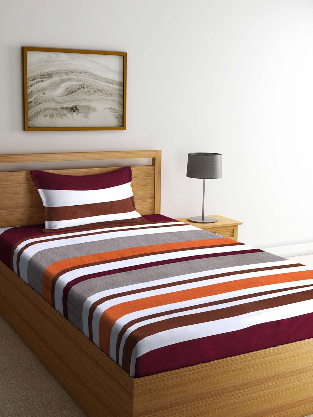 

Arrabi Multicoloured Striped 300 TC Single Bedsheet with 1 Pillow Covers, Multi