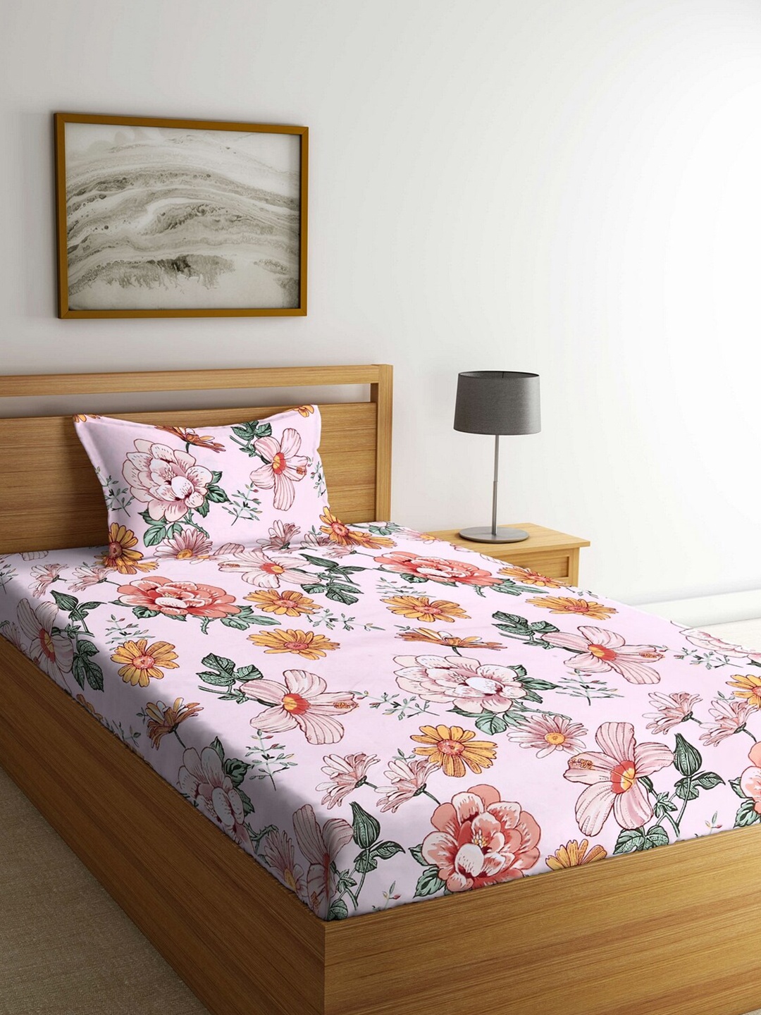

Arrabi Pink & Green Floral 300 TC Single Bedsheet with 1 Pillow Covers