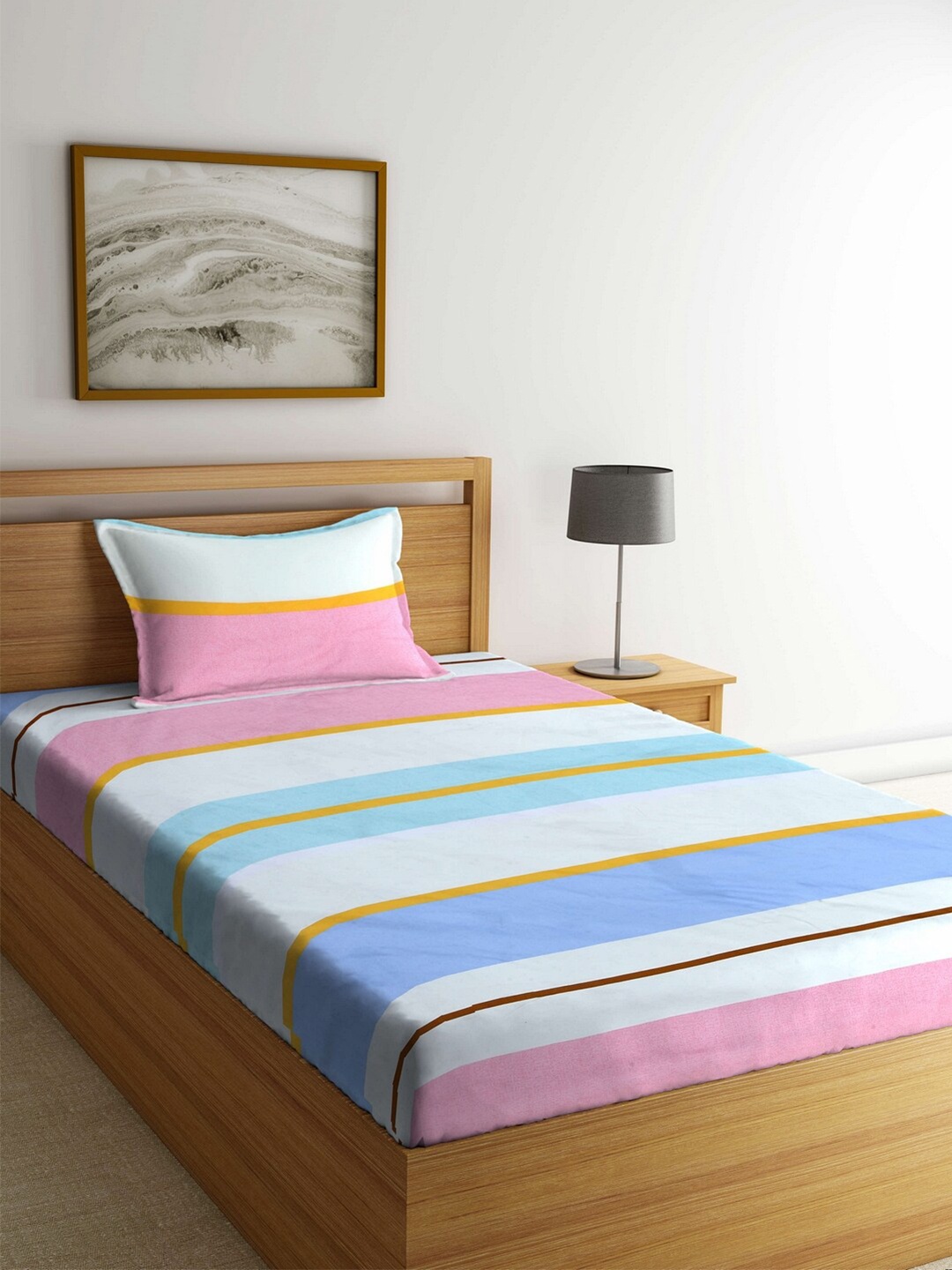 

Arrabi Multicoloured Striped 300 TC Single Bedsheet with 1 Pillow Covers, Multi