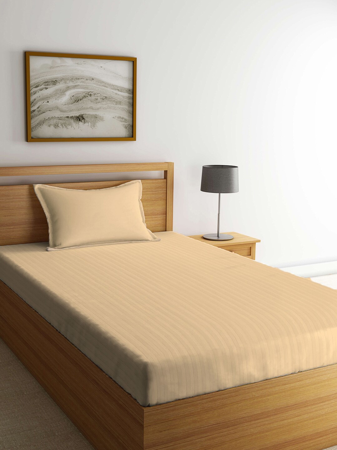 

Arrabi Cream-Coloured Striped 300 TC Single Bedsheet with 1 Pillow Covers