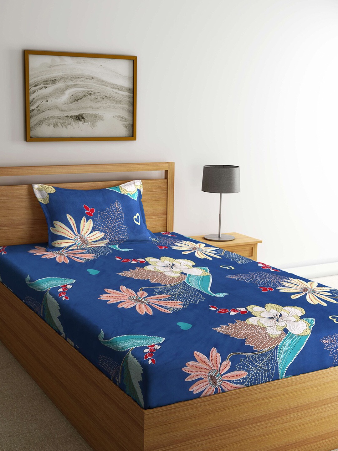 

Arrabi Blue & White Floral 300 TC Single Bedsheet with 1 Pillow Covers