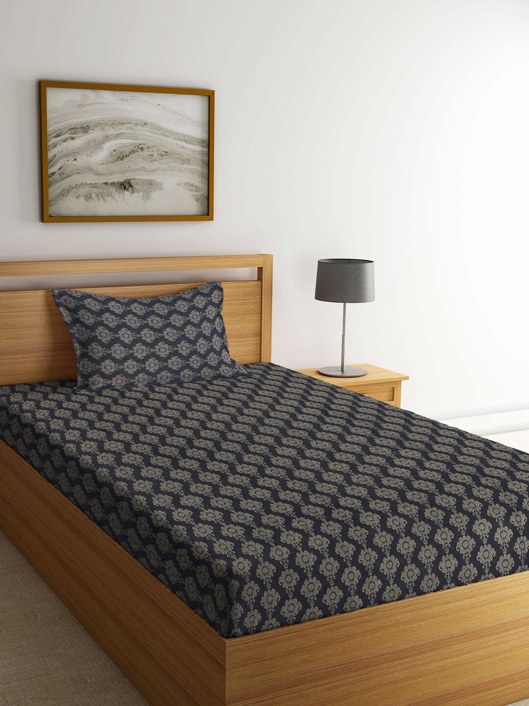 

Arrabi Black & Grey Floral 300 TC Single Bedsheet with 1 Pillow Covers
