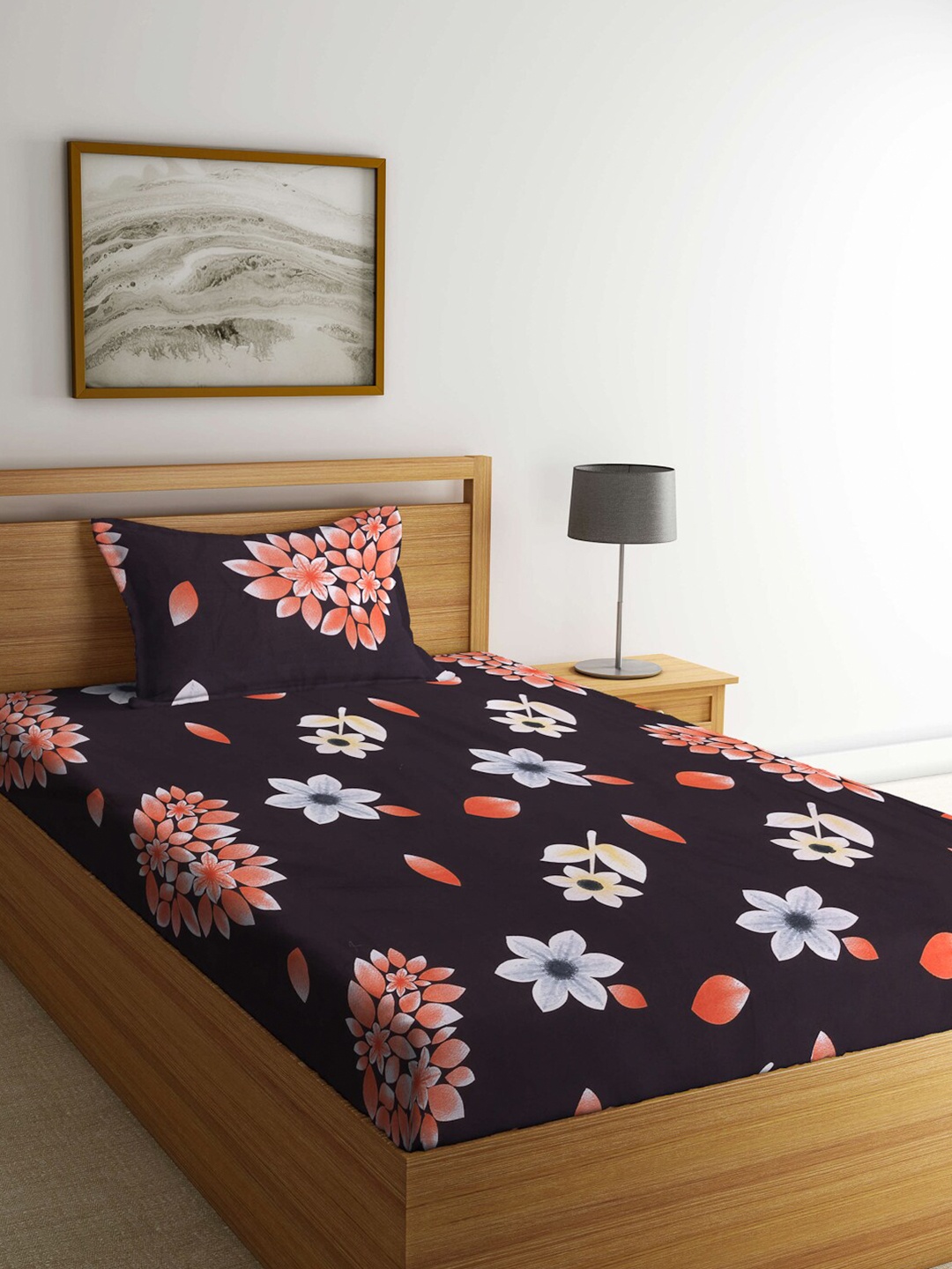 

Arrabi Brown & White Floral Printed 300 TC Single Bedsheet With 1 Pillow Cover