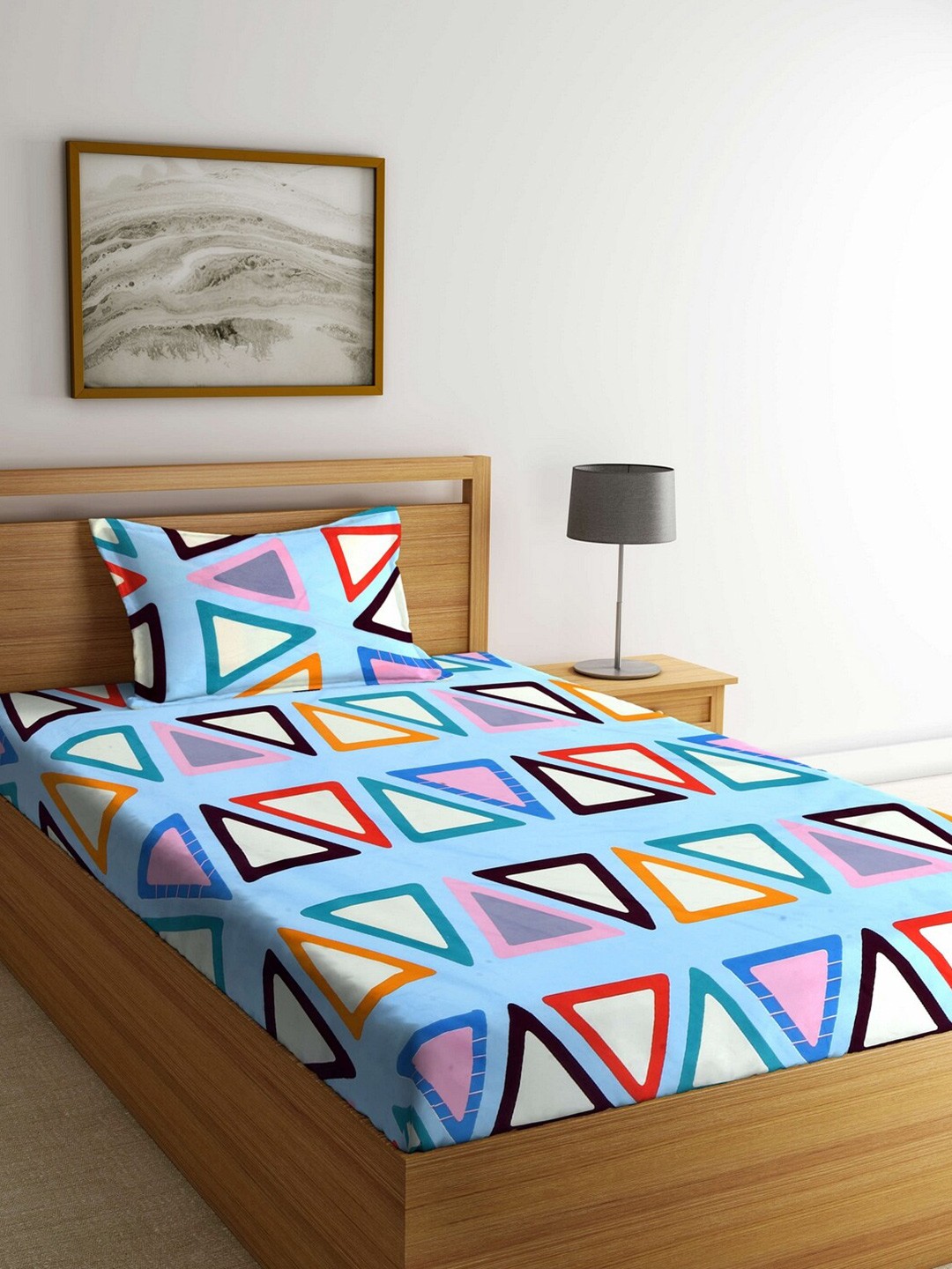 

Arrabi Pink & Blue Geometric 300 TC Single Bedsheet with 1 Pillow Covers
