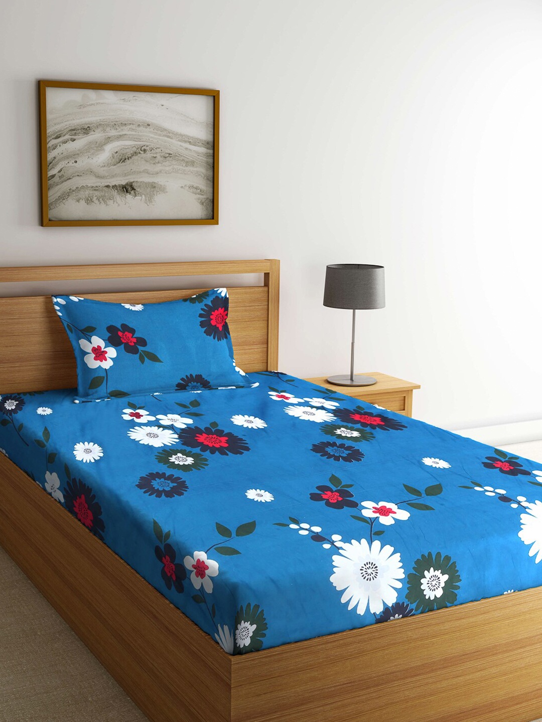

Arrabi Blue & Off White Floral 300 TC Single Bedsheet with 1 Pillow Covers