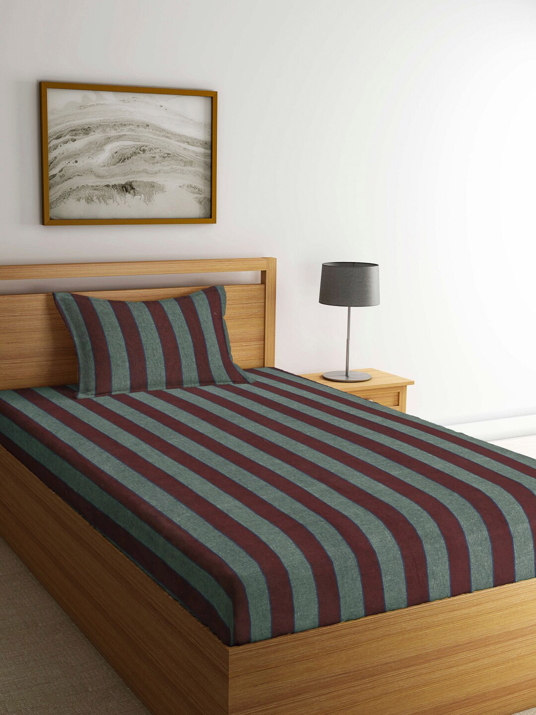 

Arrabi Grey & Brown Striped 300 TC Single Bedsheet with 1 Pillow Covers
