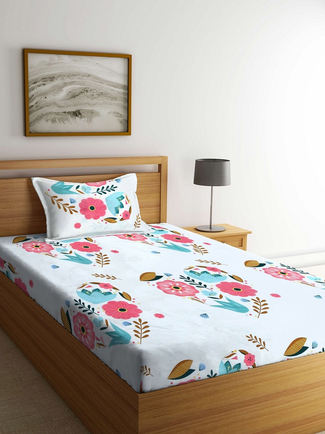 

Arrabi White & Blue Floral Printed 300 TC Single Bedsheet With 1 Pillow Cover