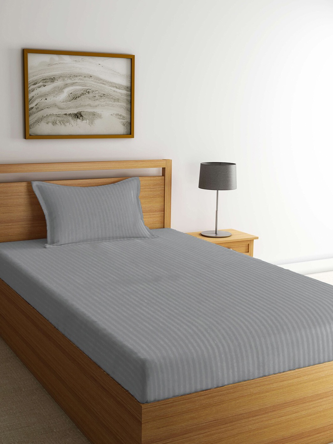 

Arrabi Grey Striped 300 TC Single Bedsheet with 1 Pillow Covers