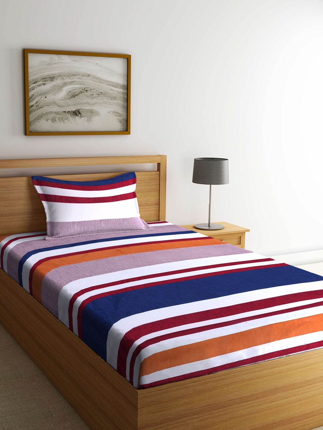 

Arrabi Maroon & Blue Striped 300 TC Single Bedsheet With 1 Pillow Cover