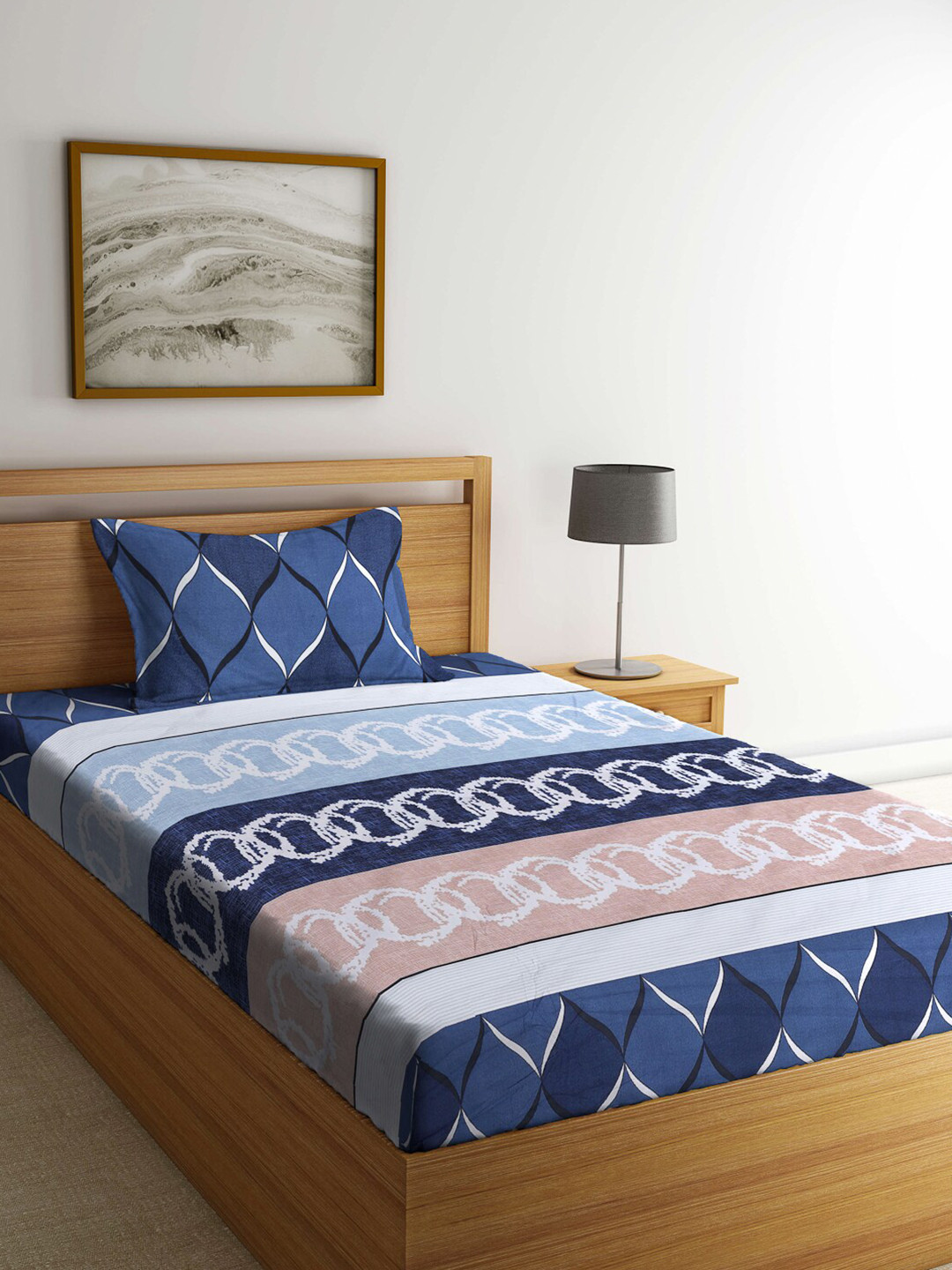 

Arrabi Blue & Pink Graphic 300 TC Single Bedsheet with 1 Pillow Covers