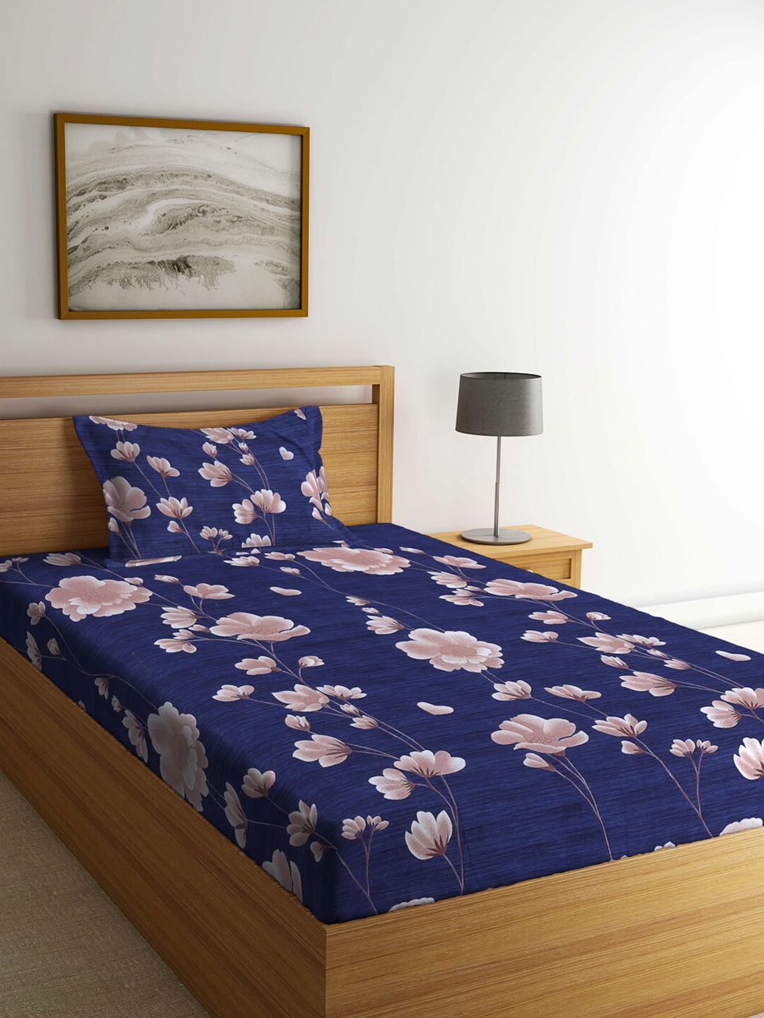 

Arrabi Blue & Beige Floral 300 TC Single Bedsheet with 1 Pillow Covers