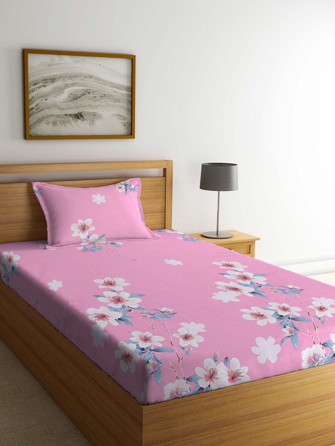 

Arrabi Pink & Off White Floral 300 TC Single Bedsheet with 1 Pillow Covers