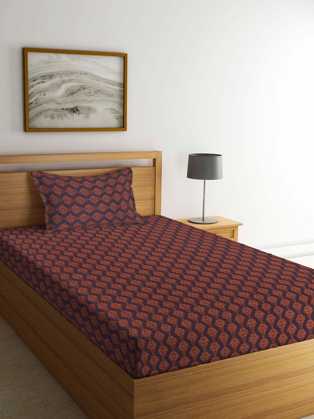 

Arrabi Brown & Blue Ethnic Motifs 300 TC Single Bedsheet with 1 Pillow Covers