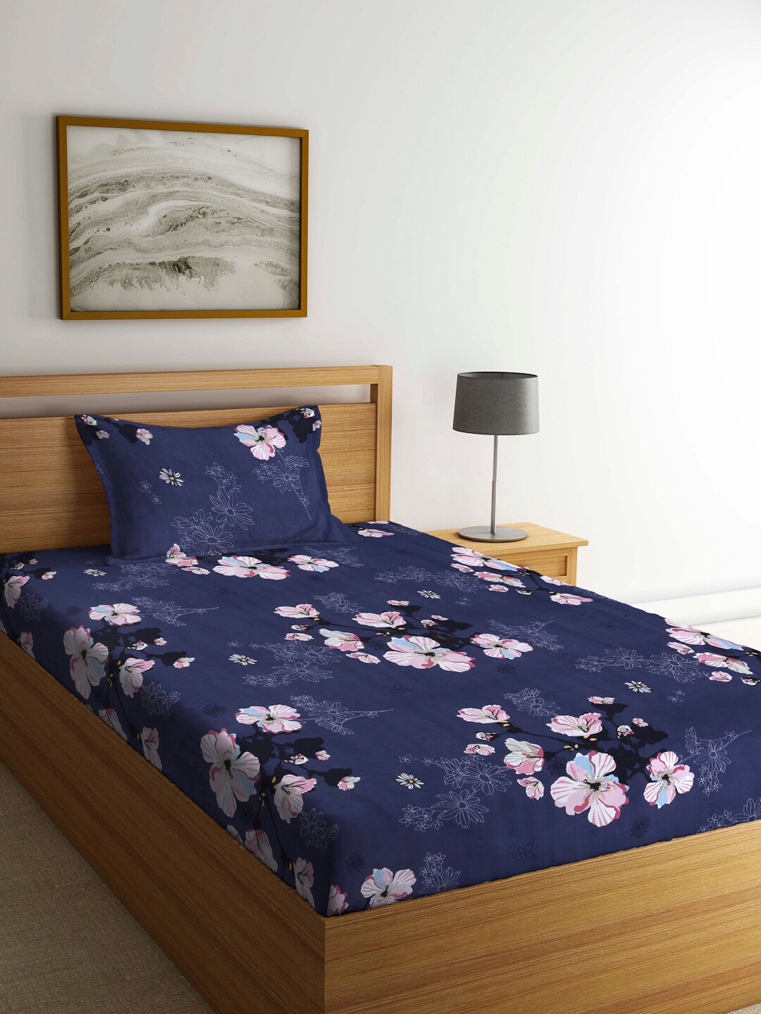 

Arrabi Blue Floral 300 TC Single Bedsheet with 1 Pillow Covers