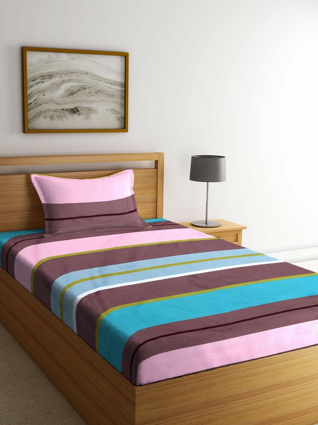 

Arrabi Blue & Purple Striped 300 TC Single Bedsheet with 1 Pillow Covers