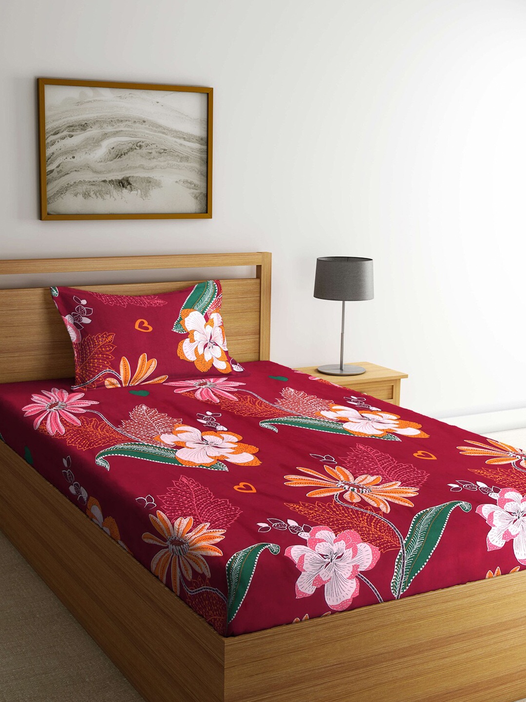 

Arrabi Red & Orange Floral 300 TC Single Bedsheet with 1 Pillow Covers