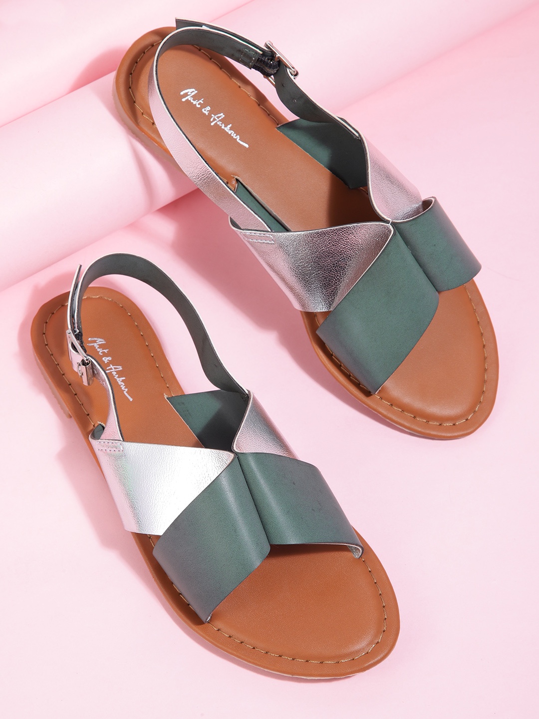 

Mast & Harbour Women Olive Green & Silver-Toned Colourblocked Open Toe Flats