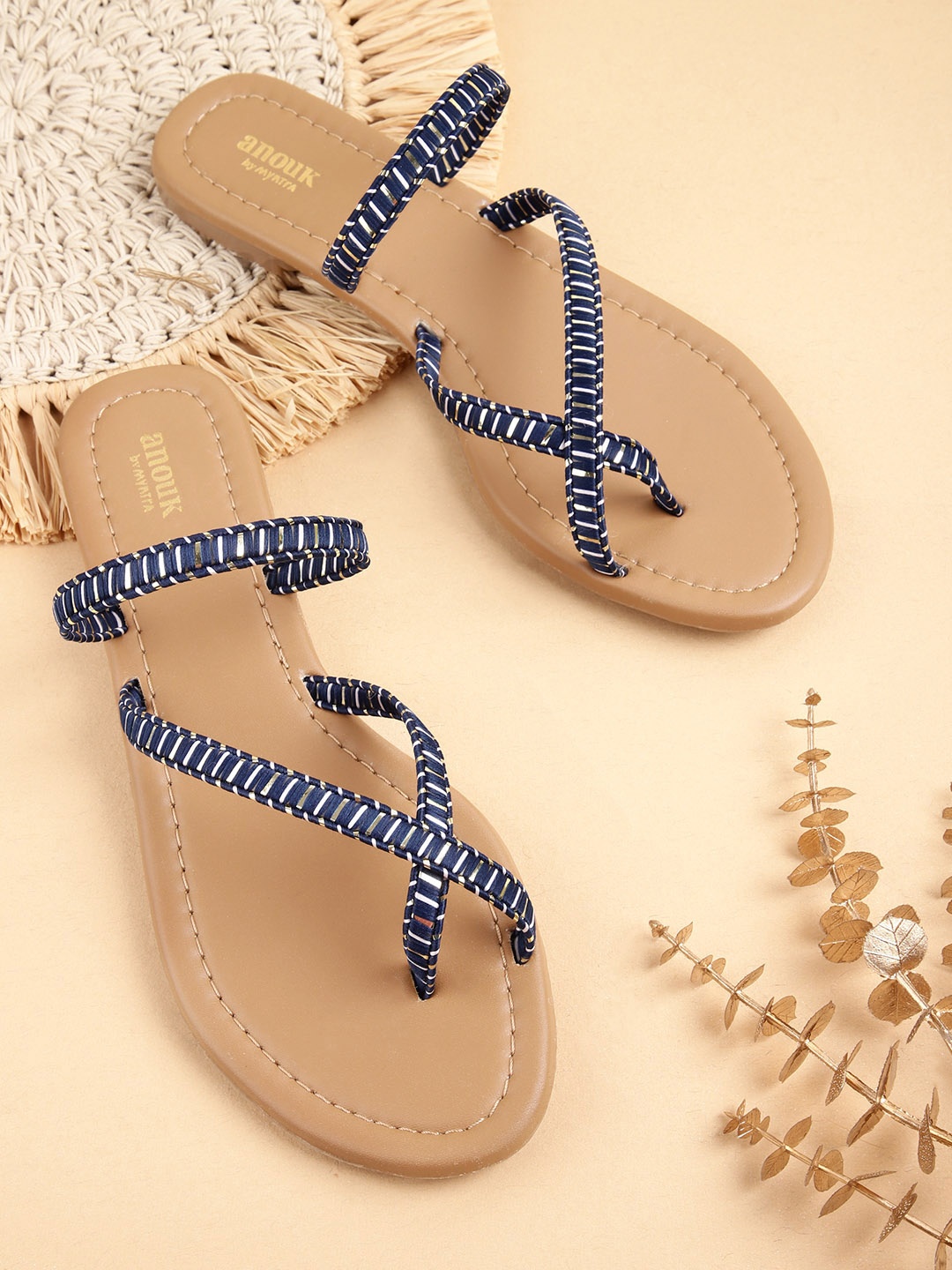 

Anouk Women Striped One Toe Flats, Navy blue