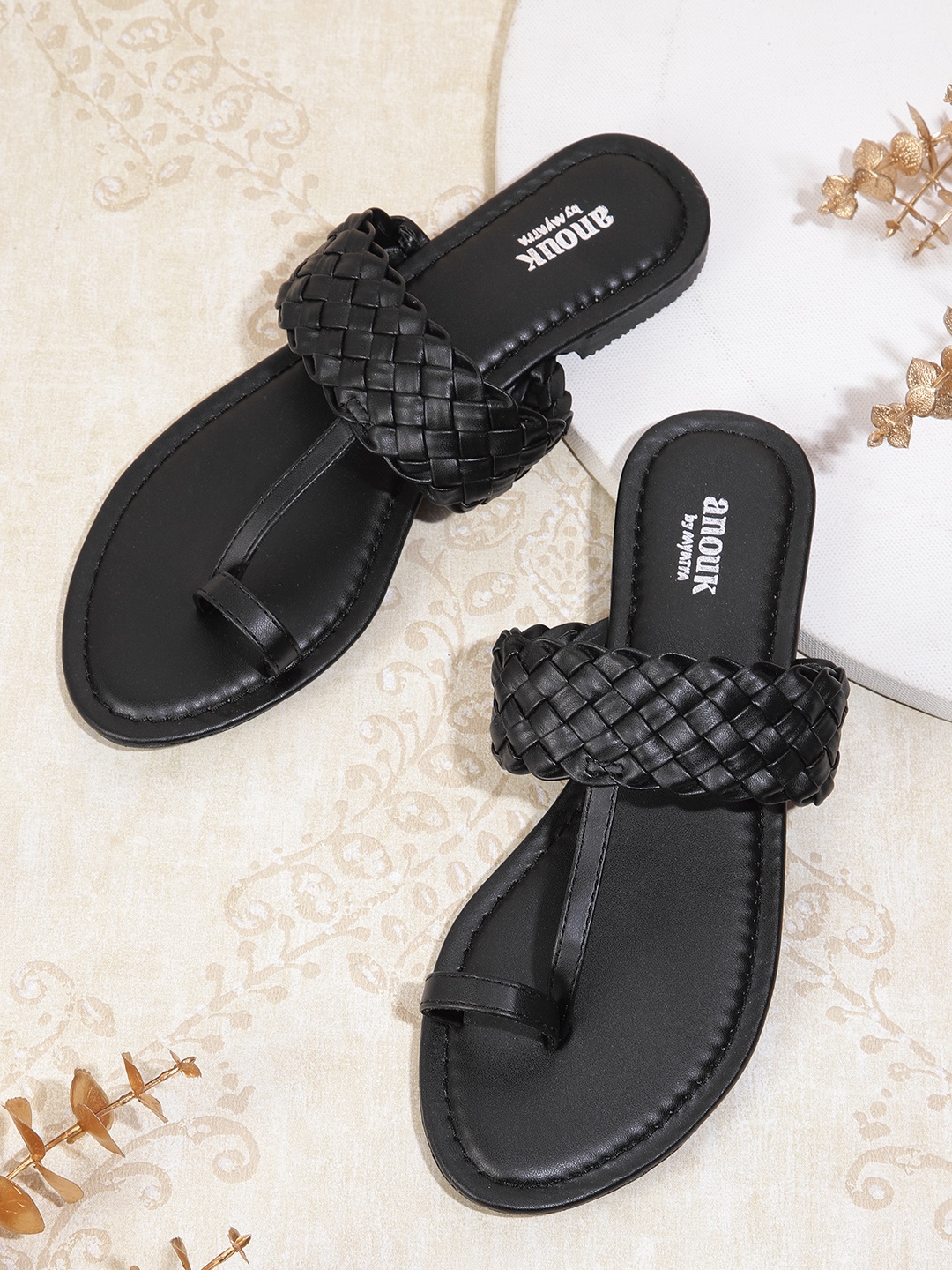 

Anouk Women Black Solid Woven Design Open Toe Flats