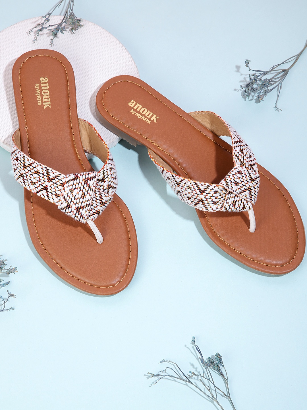 

Anouk Women White & Orange Geometric Woven Design Open Toe Flats