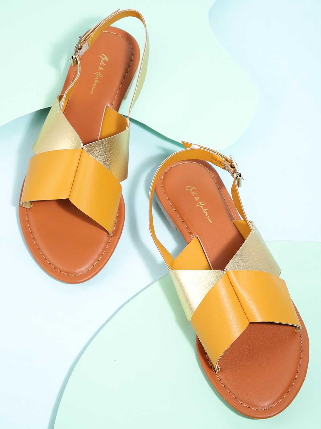 

Mast & Harbour Women Mustard Yellow & Gold-Toned Colourblocked Open Toe Flats