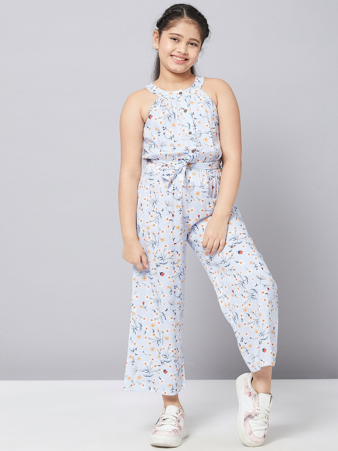 

Stylo Bug Girls Blue & Beige Printed Pure Cotton Basic Jumpsuit