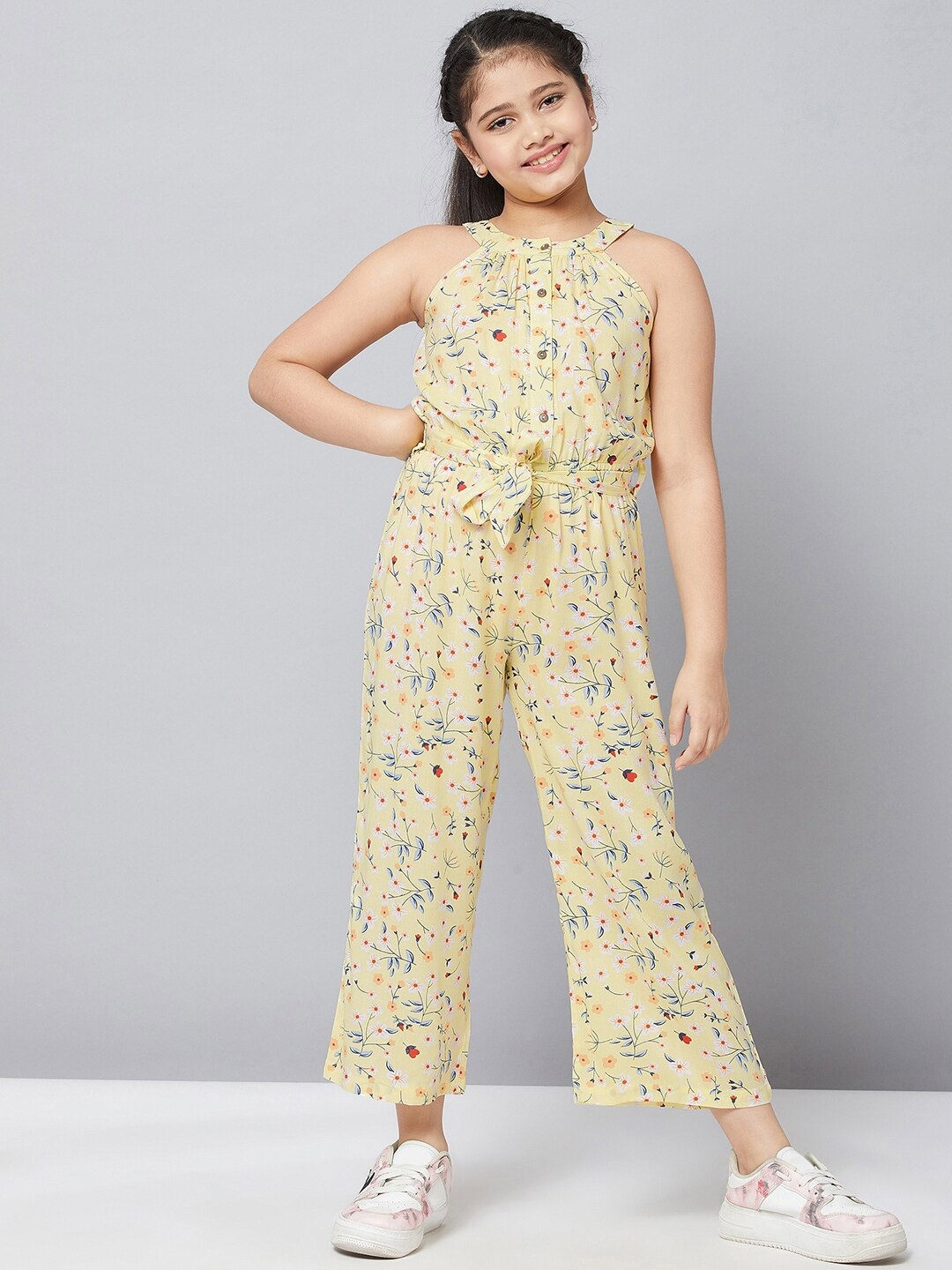 

Stylo Bug Girls Yellow & Red Halter Neck Printed Pure Cotton Basic Jumpsuit