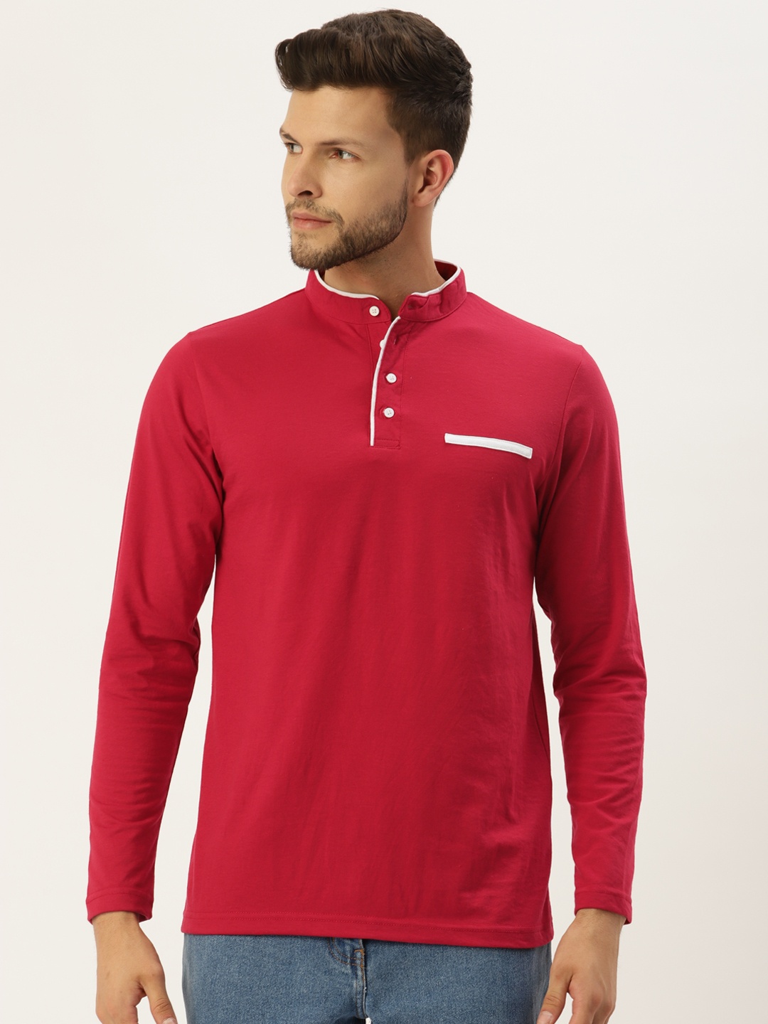 

GESPO Men Red Henley Neck T-shirt