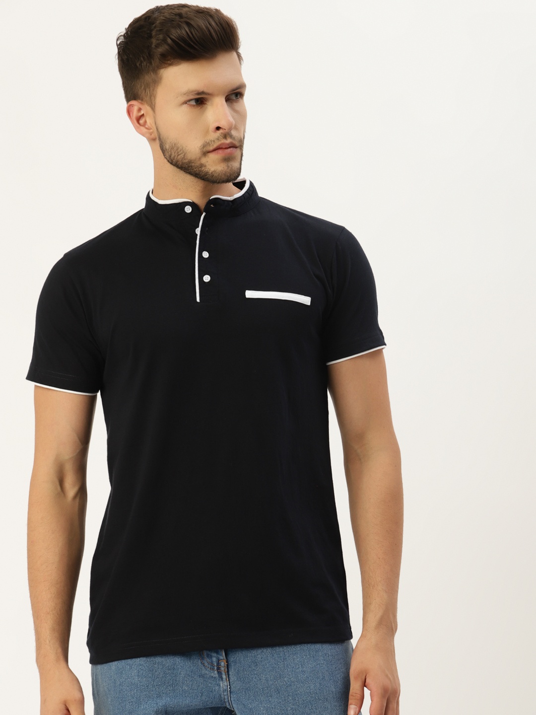 

GESPO Men Navy Blue Mandarin Collar T-shirt