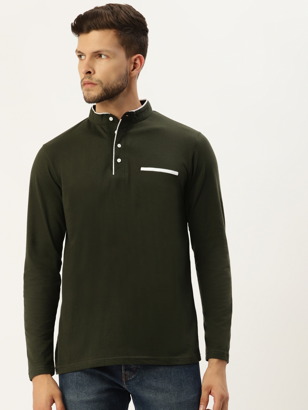 

GESPO Men Green Mandarin Collar T-shirt