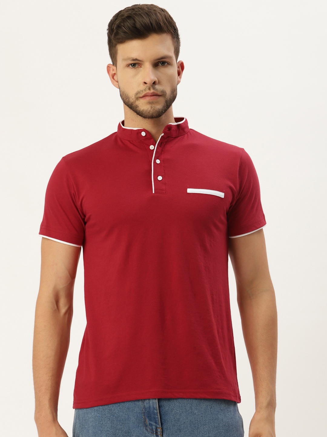 

GESPO Men Red Henley Neck T-shirt